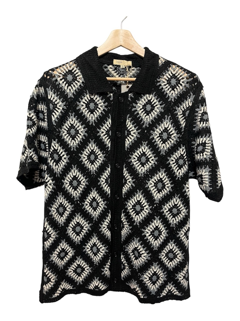 Sand Stone Black/White Crochet Patchwork Knit  Short Sleeve Cardigan M NWT